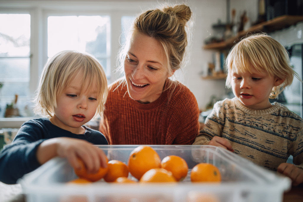 Mom and kids freezing clementines together Frozen Clementine Hack