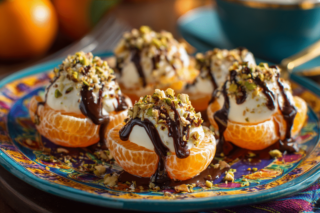 Stuffed frozen clementines with yogurt and toppings