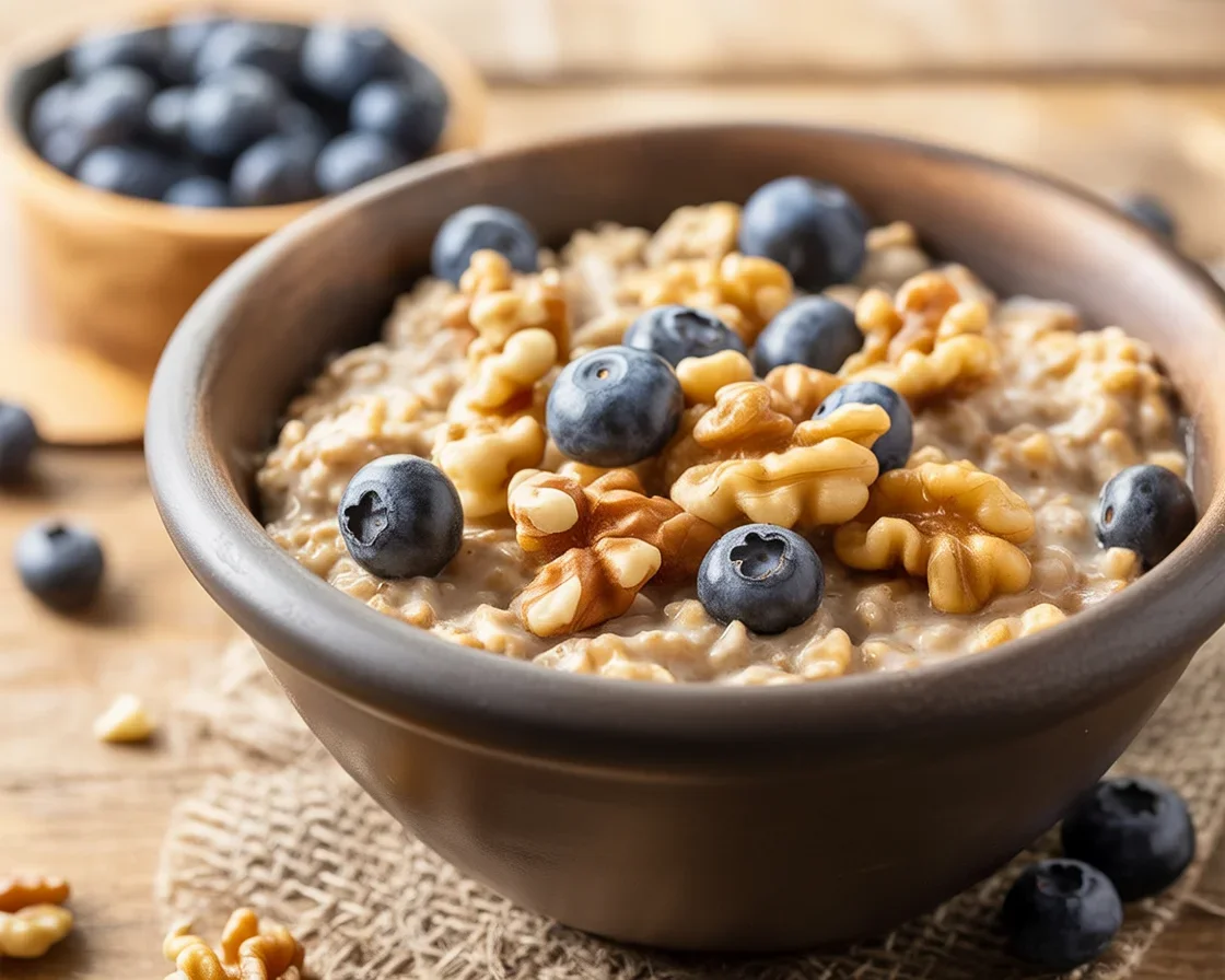 Bowl of tea-infused oatmeal topped with fresh fruits and nuts.