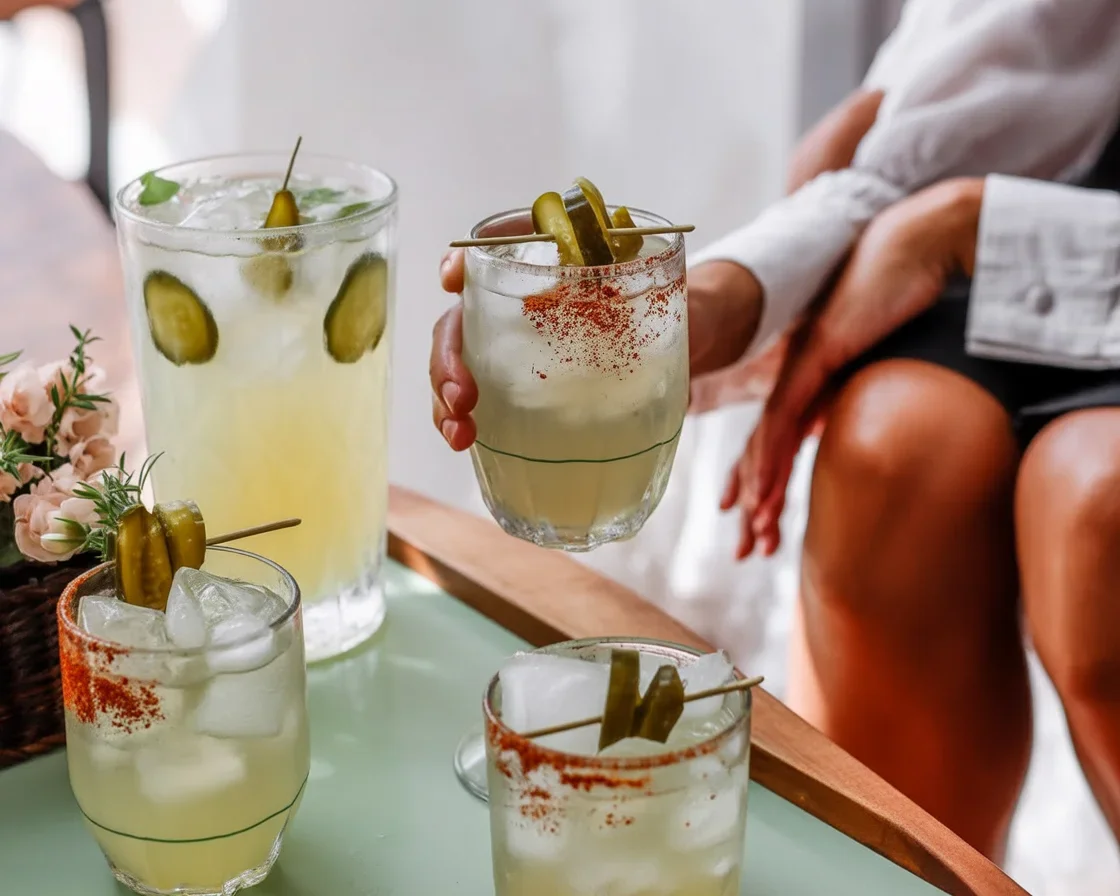 Refreshing pickle margarita with tequila, lime juice, and pickle brine served with a Tajín rim.