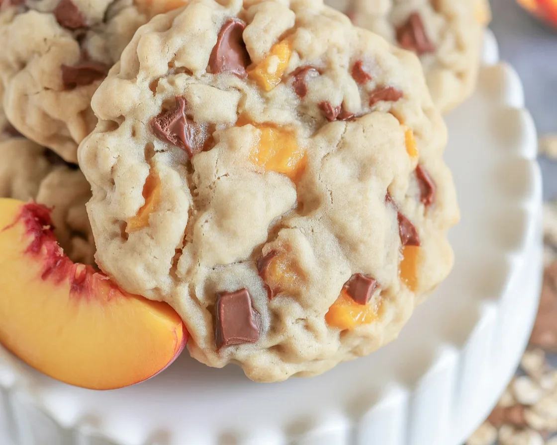 Delicious peach upside-down cookies with fresh peaches and streusel topping.