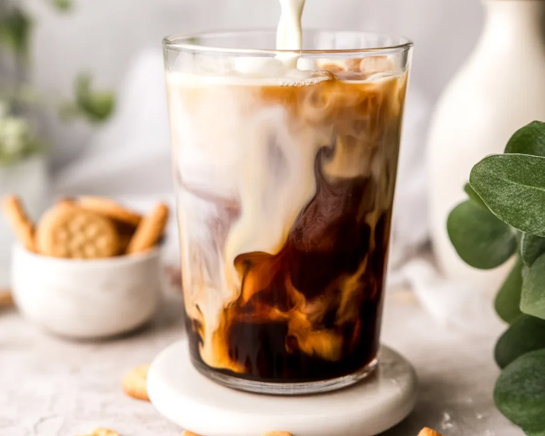 Iced Teddy Graham Latte with espresso, honey, and cinnamon in a glass with ice.