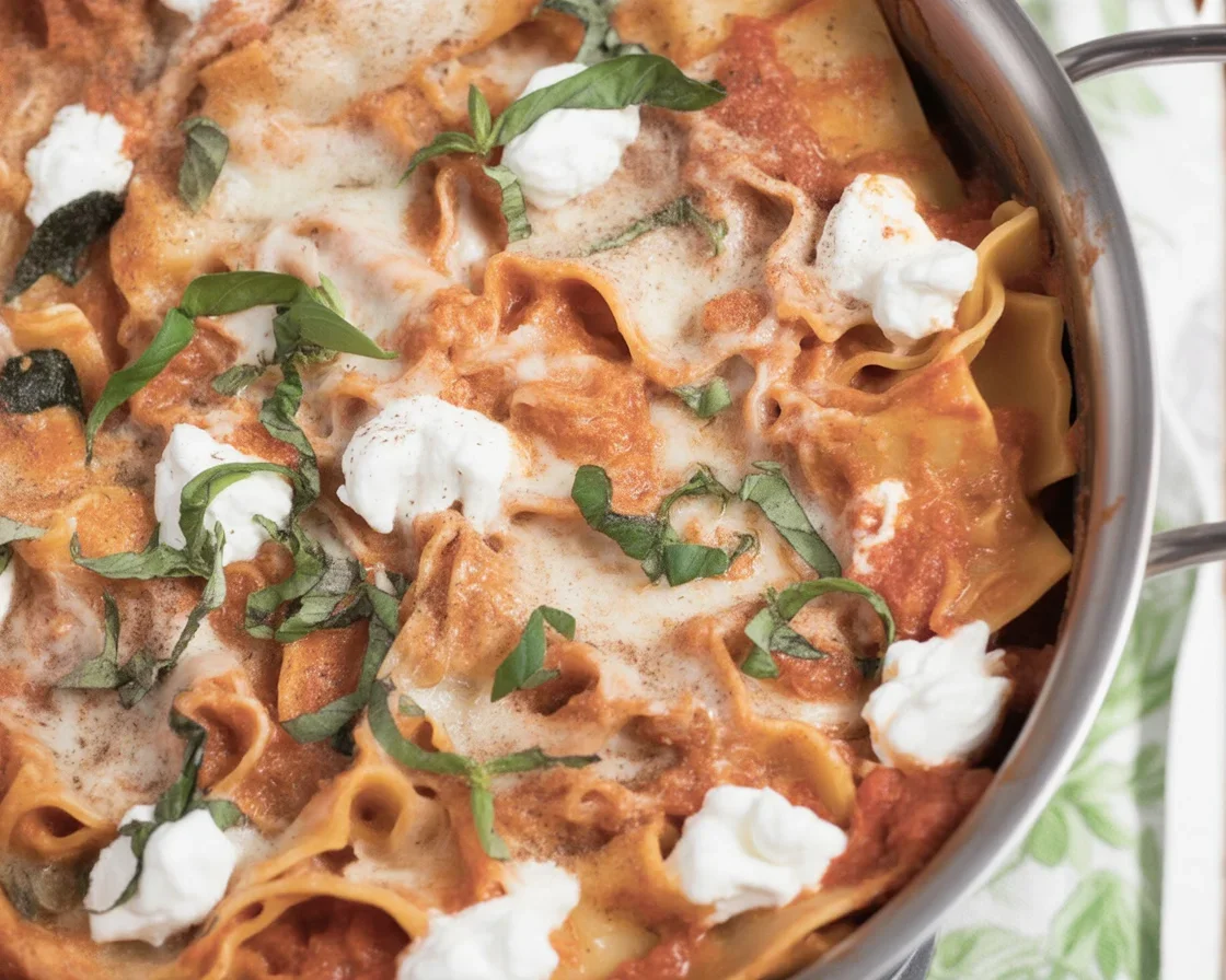 Delicious Summer Skillet Lasagna with fresh vegetables and melted cheese in a skillet