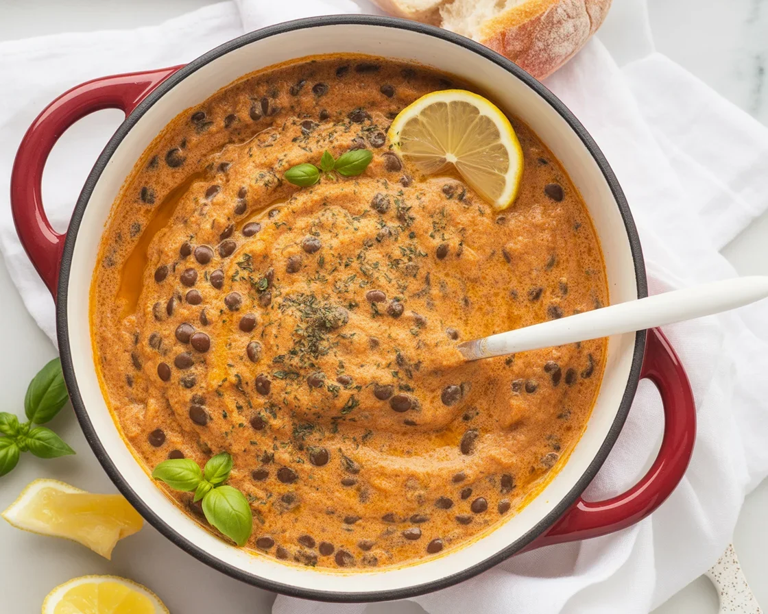 Creamy Marry Me Lentils in a sun-dried tomato sauce, served with bread and garnished.