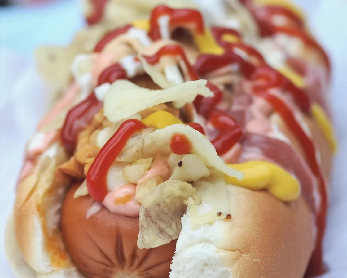 Delicious Colombian Hot Dogs topped with pineapple sauce, coleslaw, and sauces.