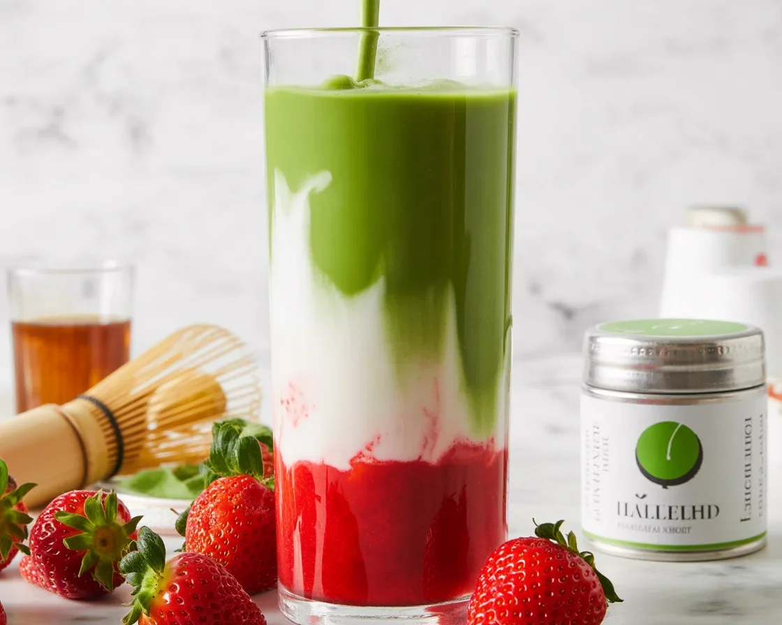 Refreshing Strawberry Matcha Latte with layers of strawberries, milk, and matcha.