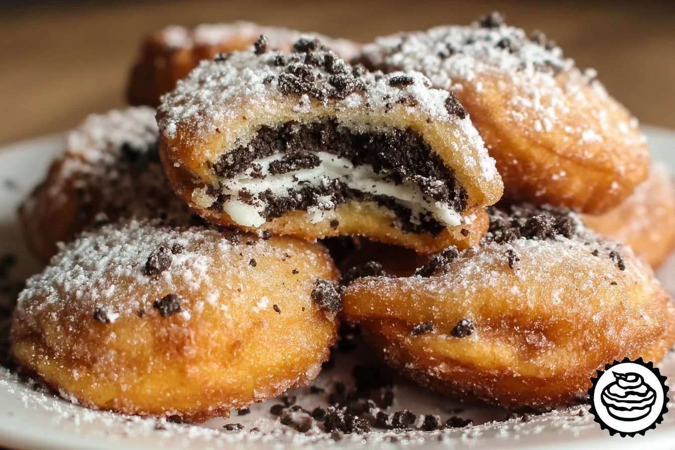 Delicious Deep Fried Oreos served on a plate, dusted with powdered sugar.