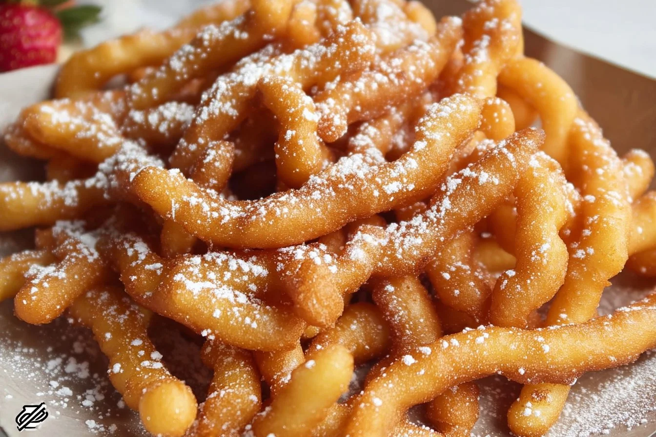 A plate of crispy Funnel Cake Fries dusted with powdered sugar