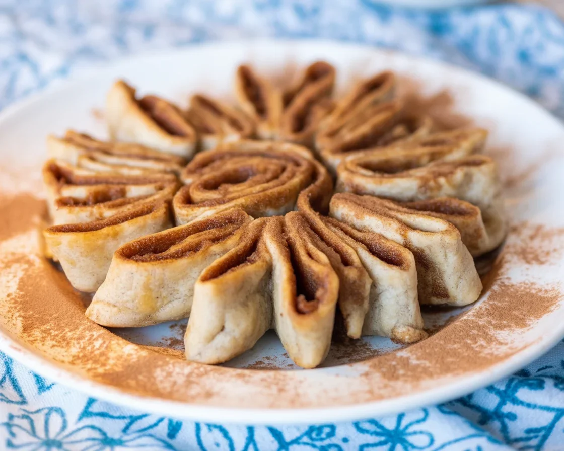 Delicious sticky tortilla cinnamon rolls drizzled with creamy icing on a plate.
