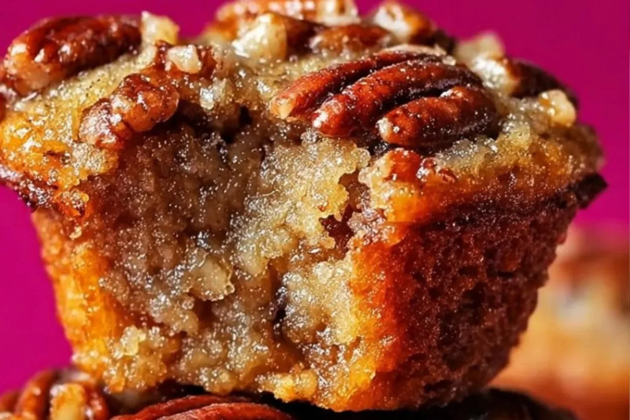 Pecan Pie Muffins with nuts and caramel drizzle on a wooden table