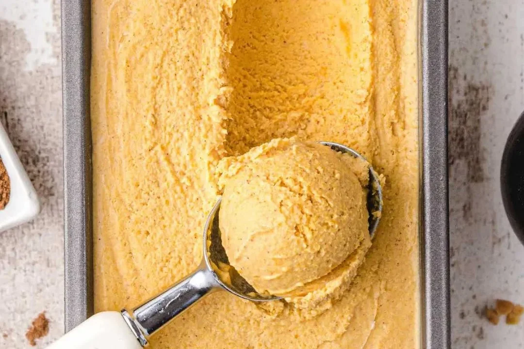 Delicious bowl of creamy pumpkin ice cream topped with cinnamon