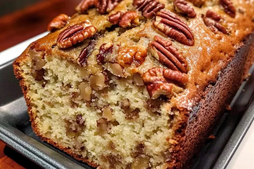Loaf of Sweet Alabama Pecan Bread with nuts on a wooden table.