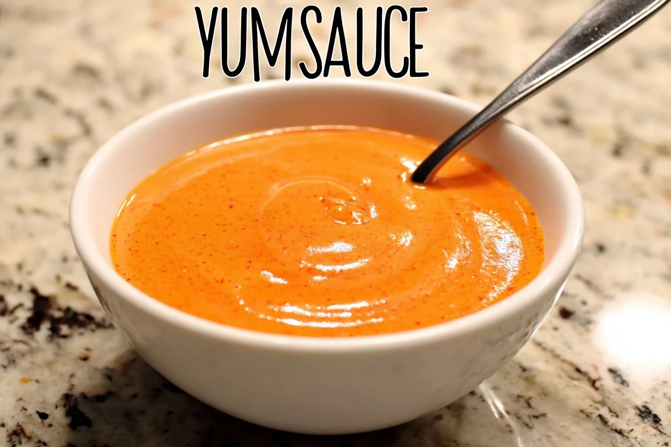 Bowl of Yum Yum Sauce served with fresh vegetables and grilled shrimp