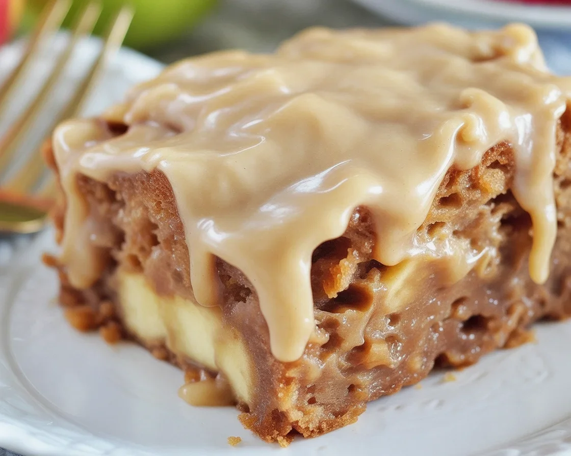 Slice of Apple Dapple Cake topped with brown sugar glaze and pecans.