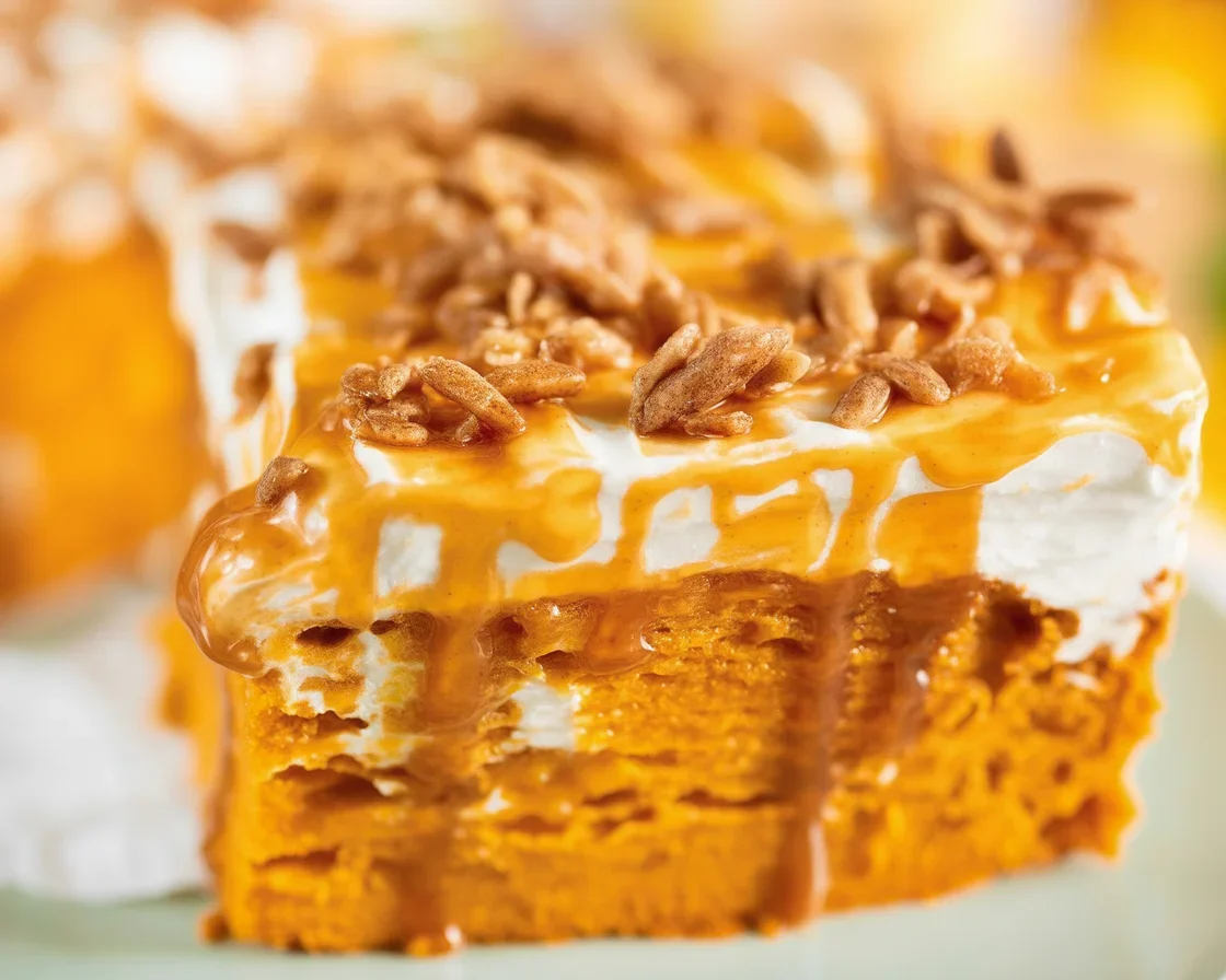 Better Than Fall Pumpkin Cake with pumpkin puree and sweet toppings