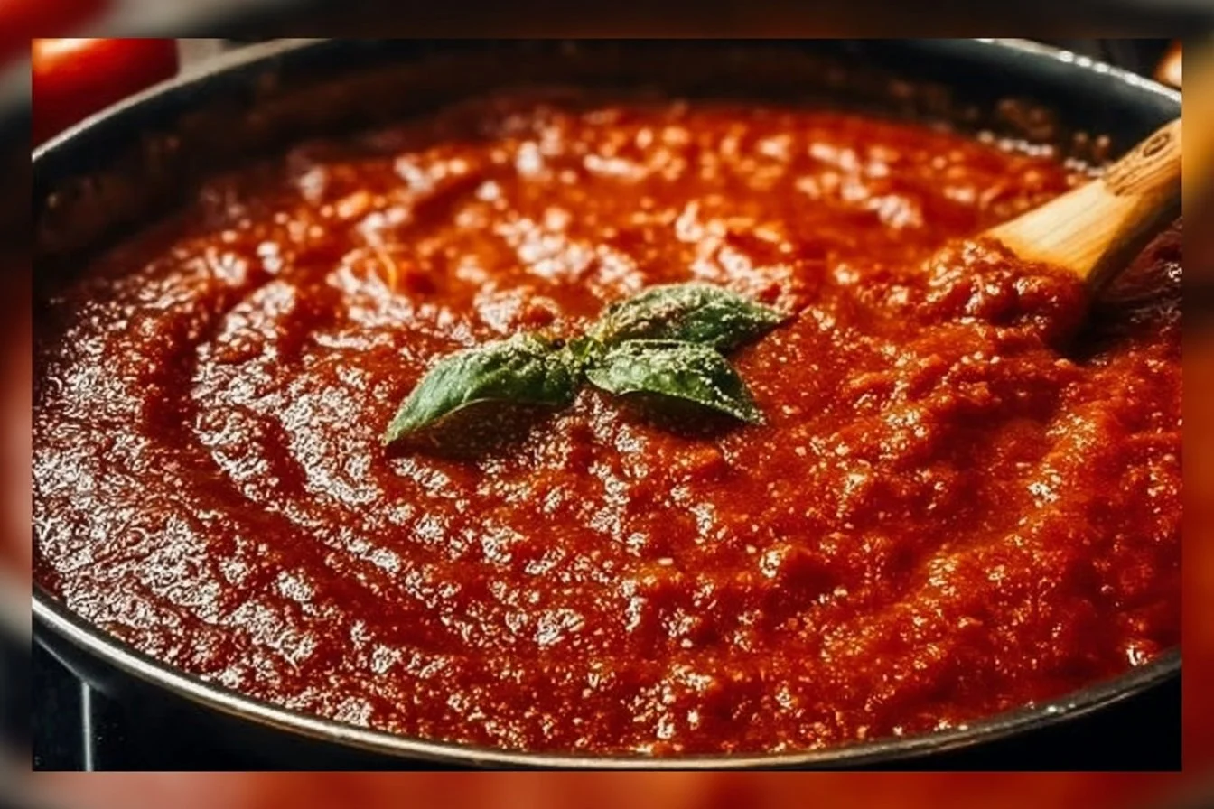 A bowl of authentic Italian Sunday Sauce garnished with fresh basil and parmesan.