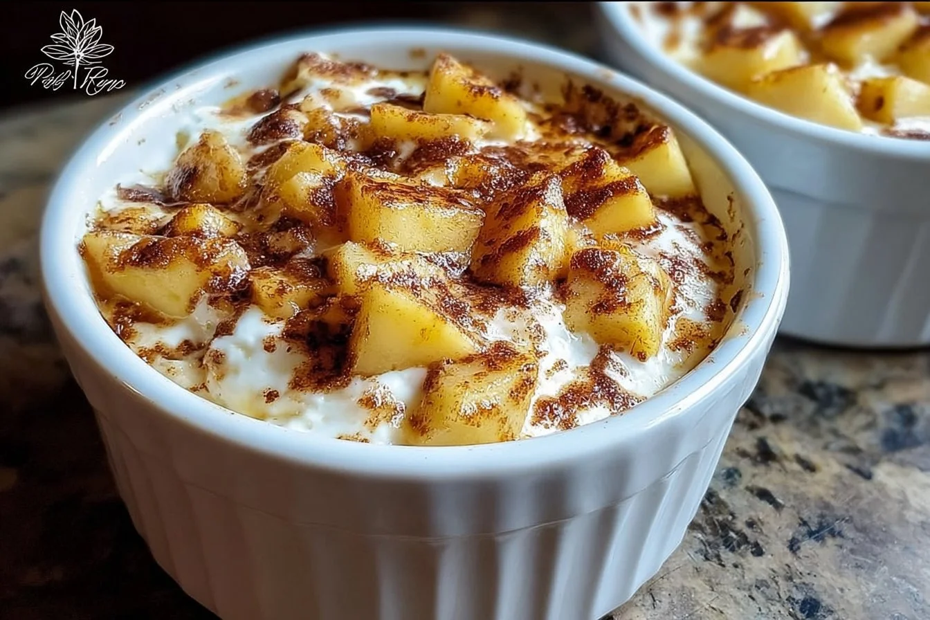 Baked apple cinnamon cottage cheese breakfast bowl topped with apple slices and cinnamon.
