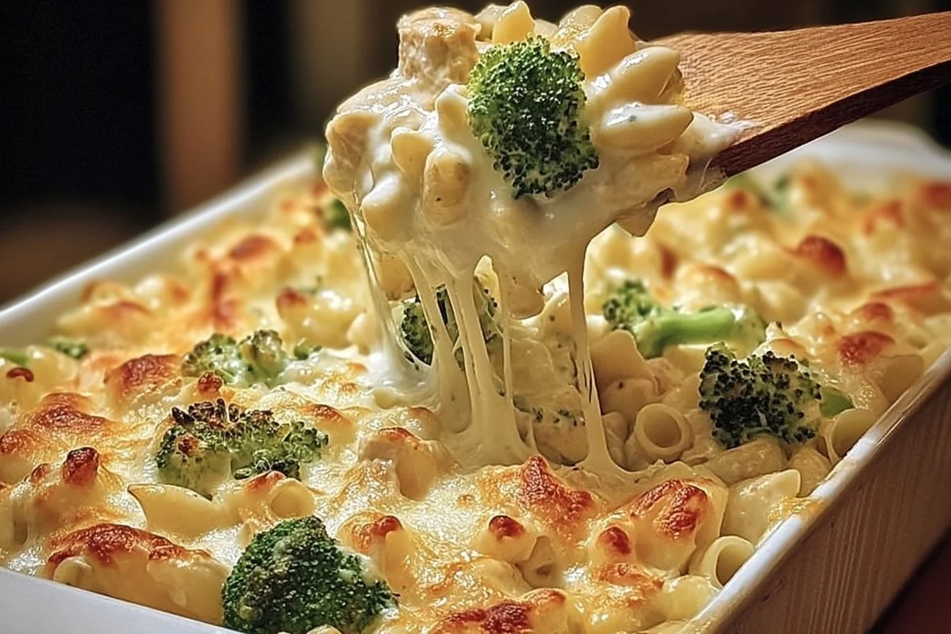 Cheesy baked chicken served with broccoli Alfredo pasta