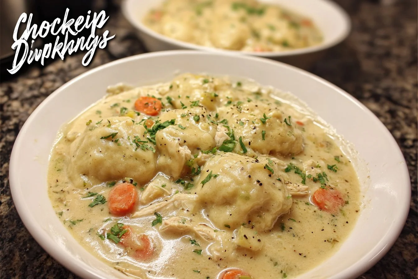 Crockpot Chicken and Dumplings served in a bowl with herbs