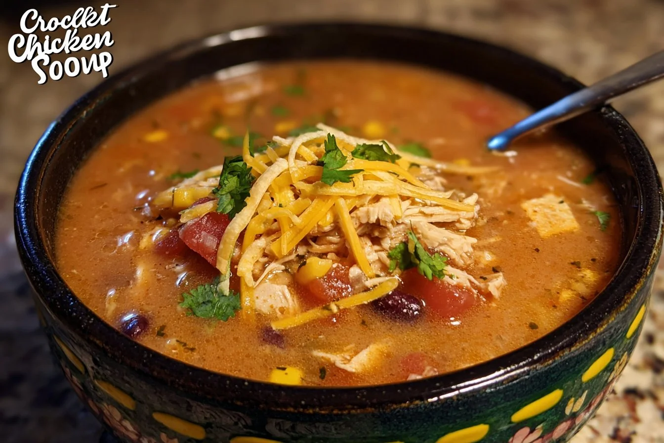 Bowl of delicious Crockpot Chicken Tortilla Soup with fresh toppings