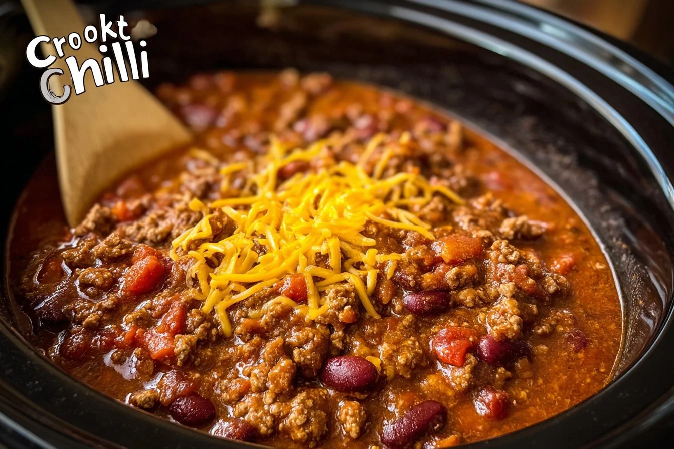 Delicious bowl of crockpot chili garnished with fresh cilantro and cheese