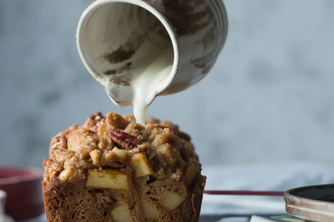 Homemade Apple Cinnamon Pecan Bread with apple chunks and a cinnamon pecan topping.