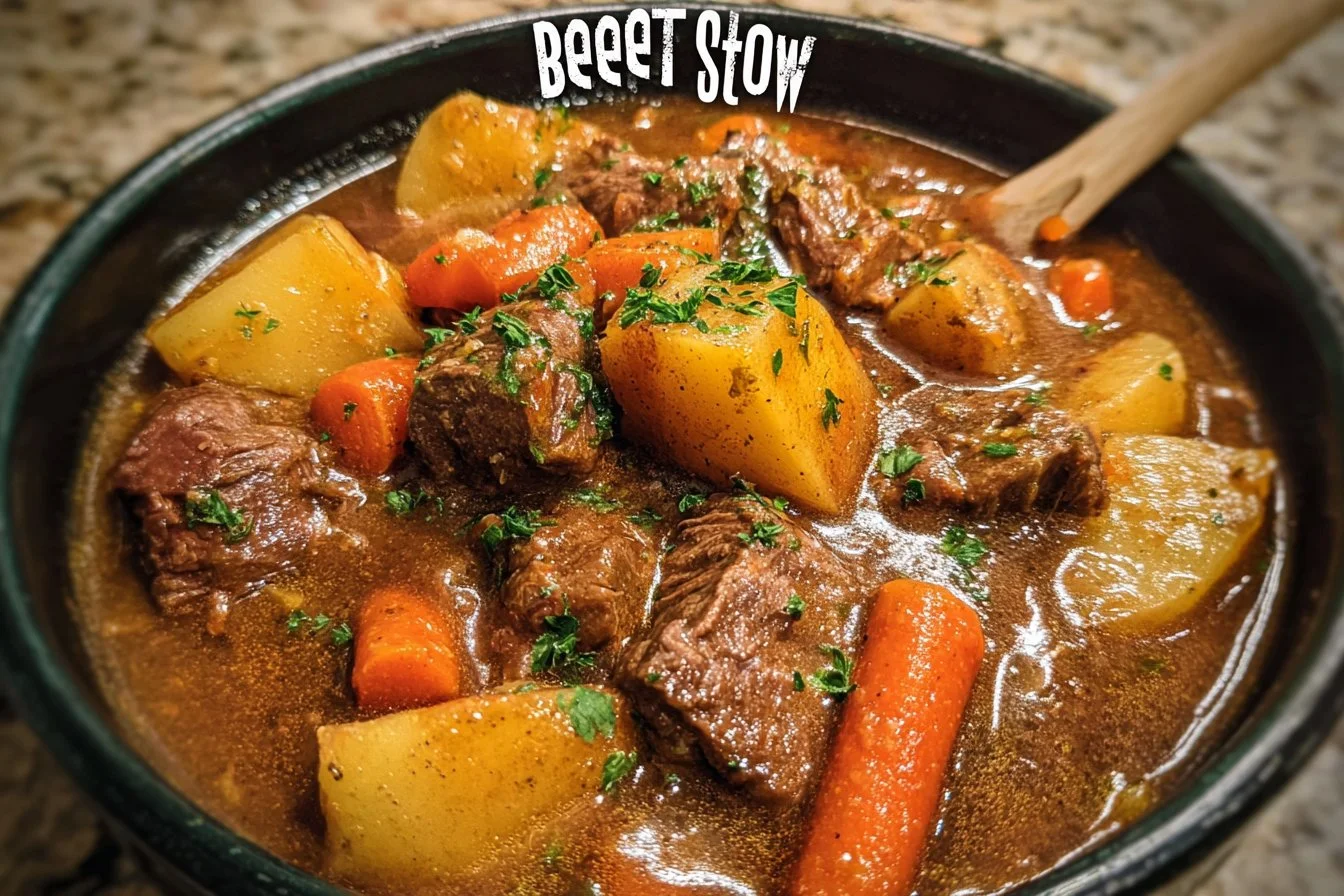 Delicious easy beef stew cooking in a crockpot with fresh ingredients.