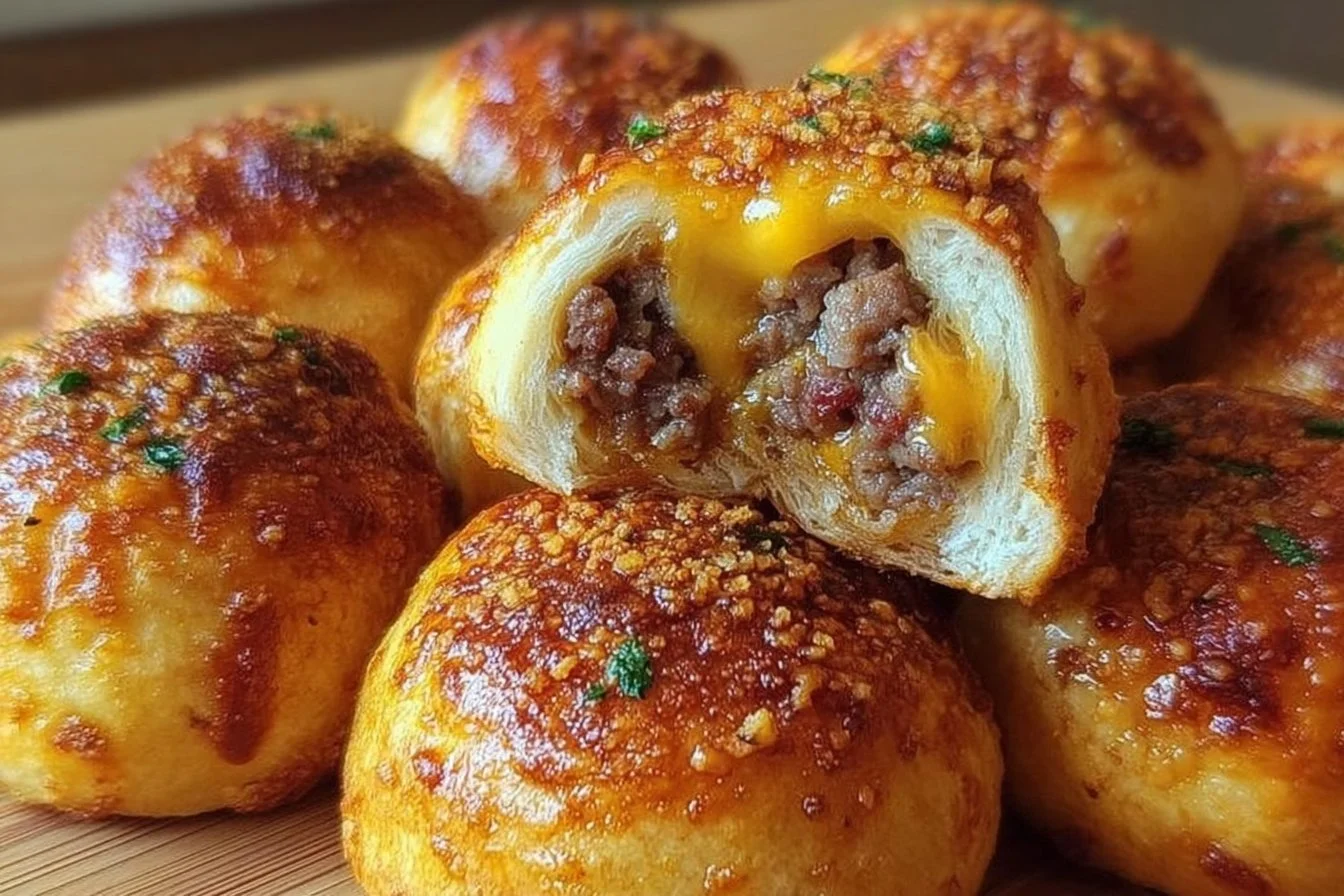 Delicious Garlic Parmesan Cheeseburger Bombs served on a wooden platter