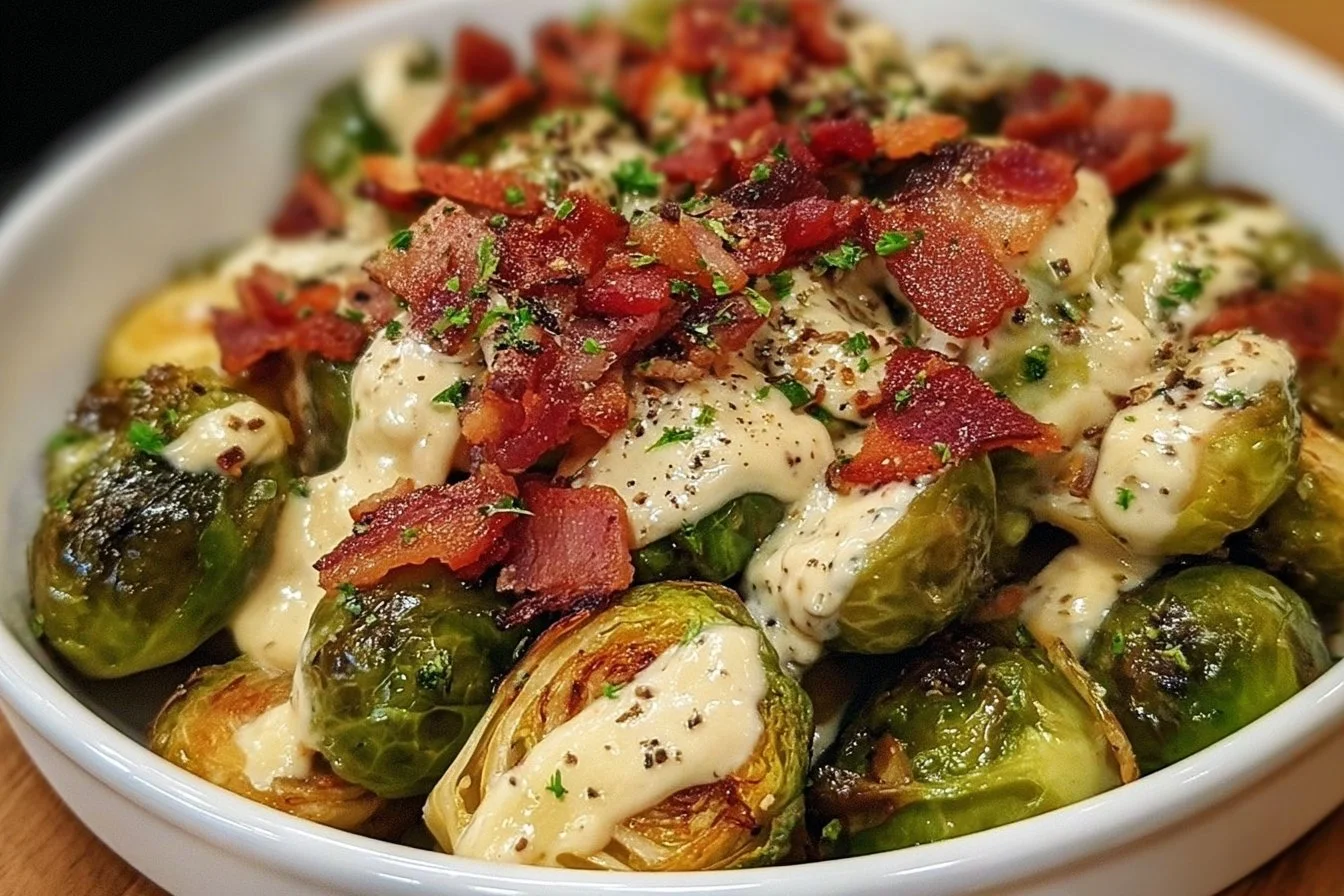 Golden Brussels Sprouts with Bacon and Tangy Mustard Cream served in a bowl