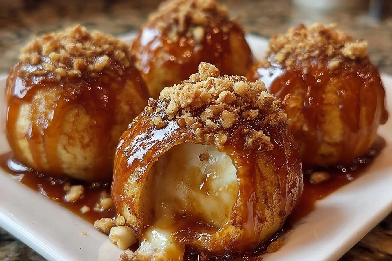 Gooey apple caramel bombs drizzled with melted caramel and topped with apple slices