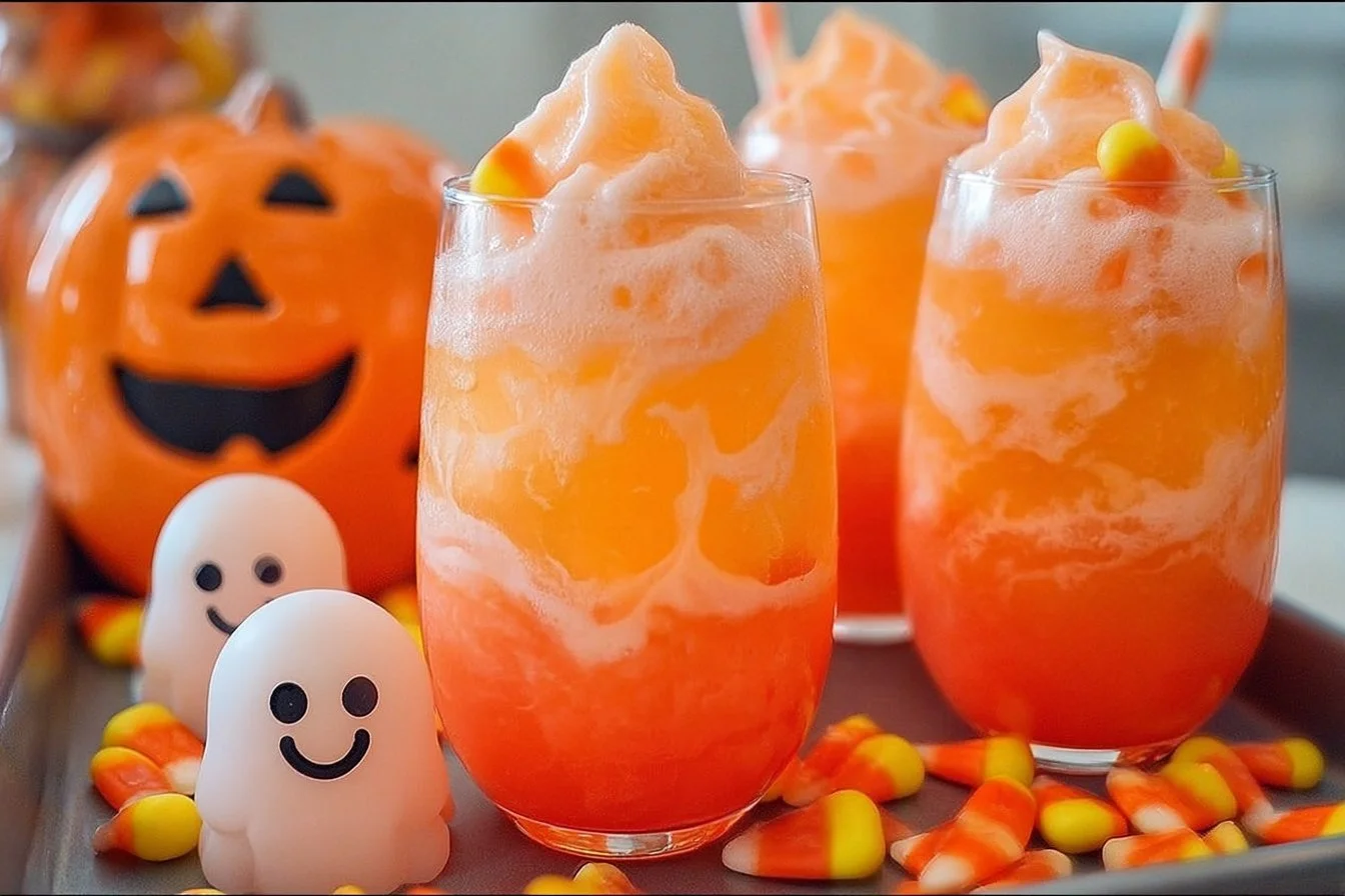 Colorful Halloween Punch served in a spooky themed glass with fruits and spooky decorations.