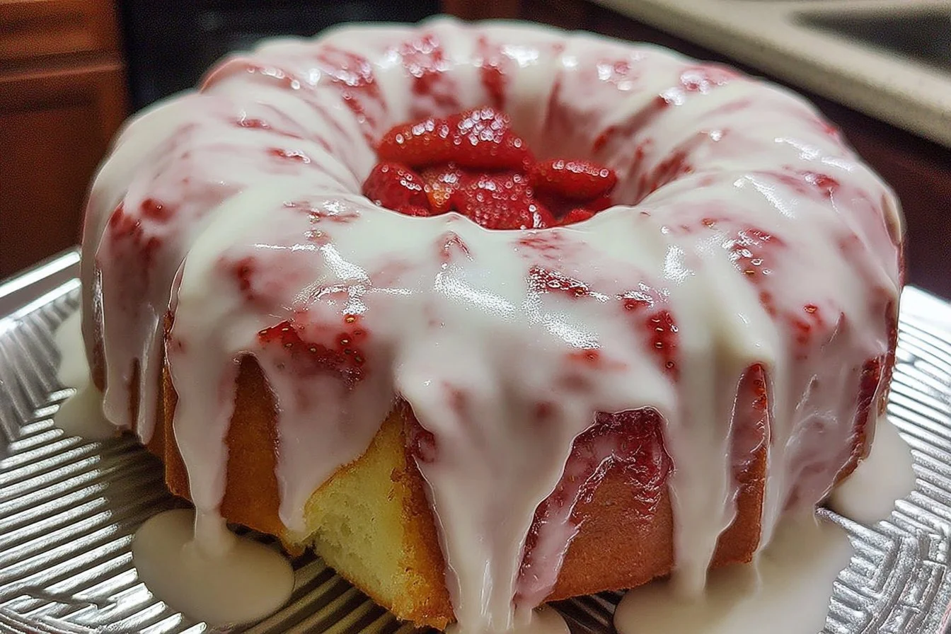 Homemade strawberry cream cheese pound cake with fresh strawberries on top