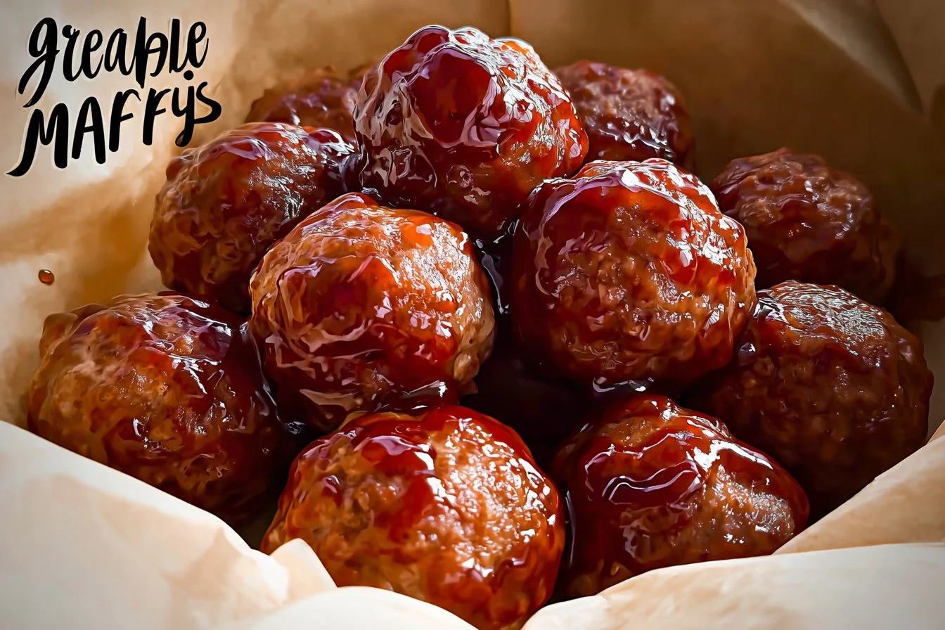 Meatballs coated with grape jelly and BBQ sauce on a serving platter