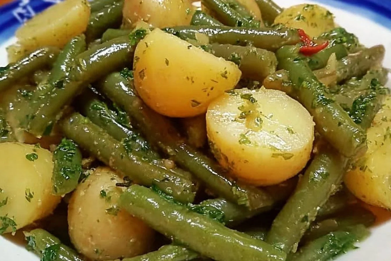 A vibrant bowl of Nonna's green bean potato salad with fresh ingredients.