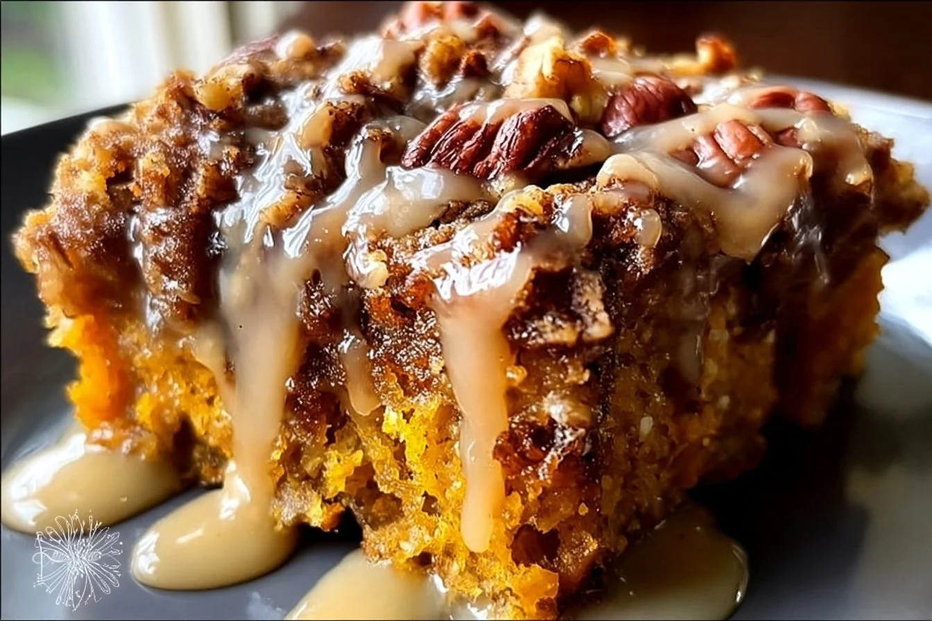 Pumpkin oatmeal dump cake topped with spices and pecans, served in a dish.