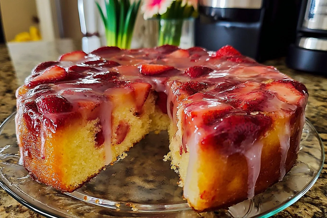 Slice of Strawberry Pineapple Pound Cake with fresh strawberries and pineapple
