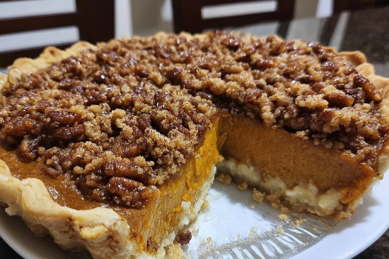 Sweet potato pie topped with pecan praline crunch, a delicious dessert.