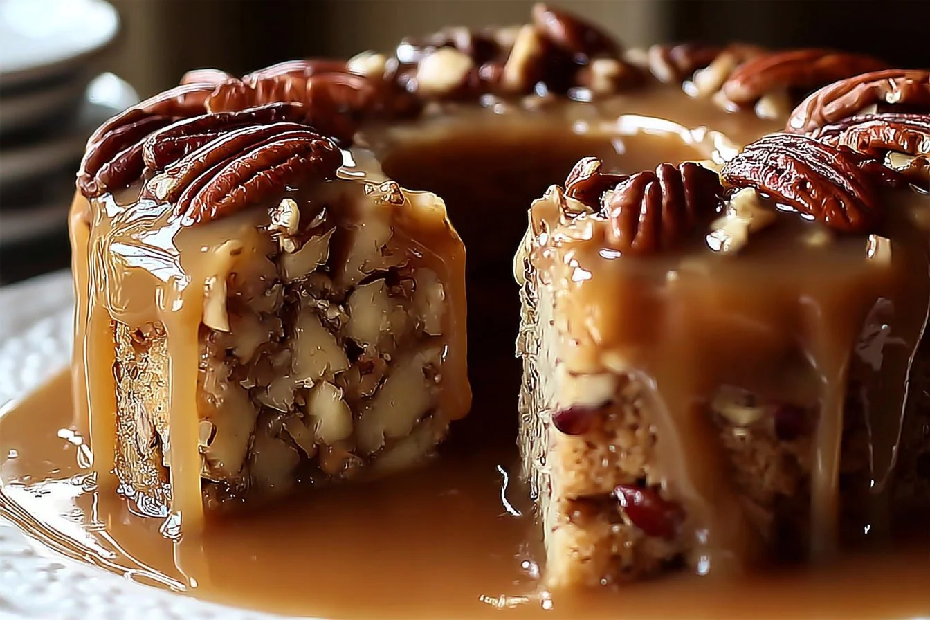 Slice of apple pecan cake topped with caramel glaze and pecans.