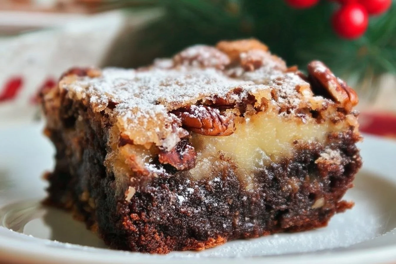 Delicious Brownie Pecan Pie Ooey Gooey Butter Cake with a rich chocolate layer