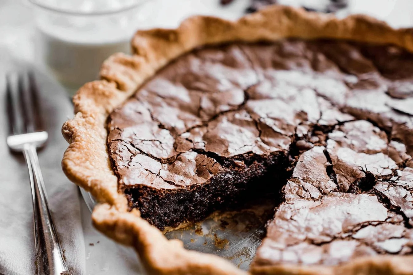 Delicious Brownie Pie served on a plate with a fork