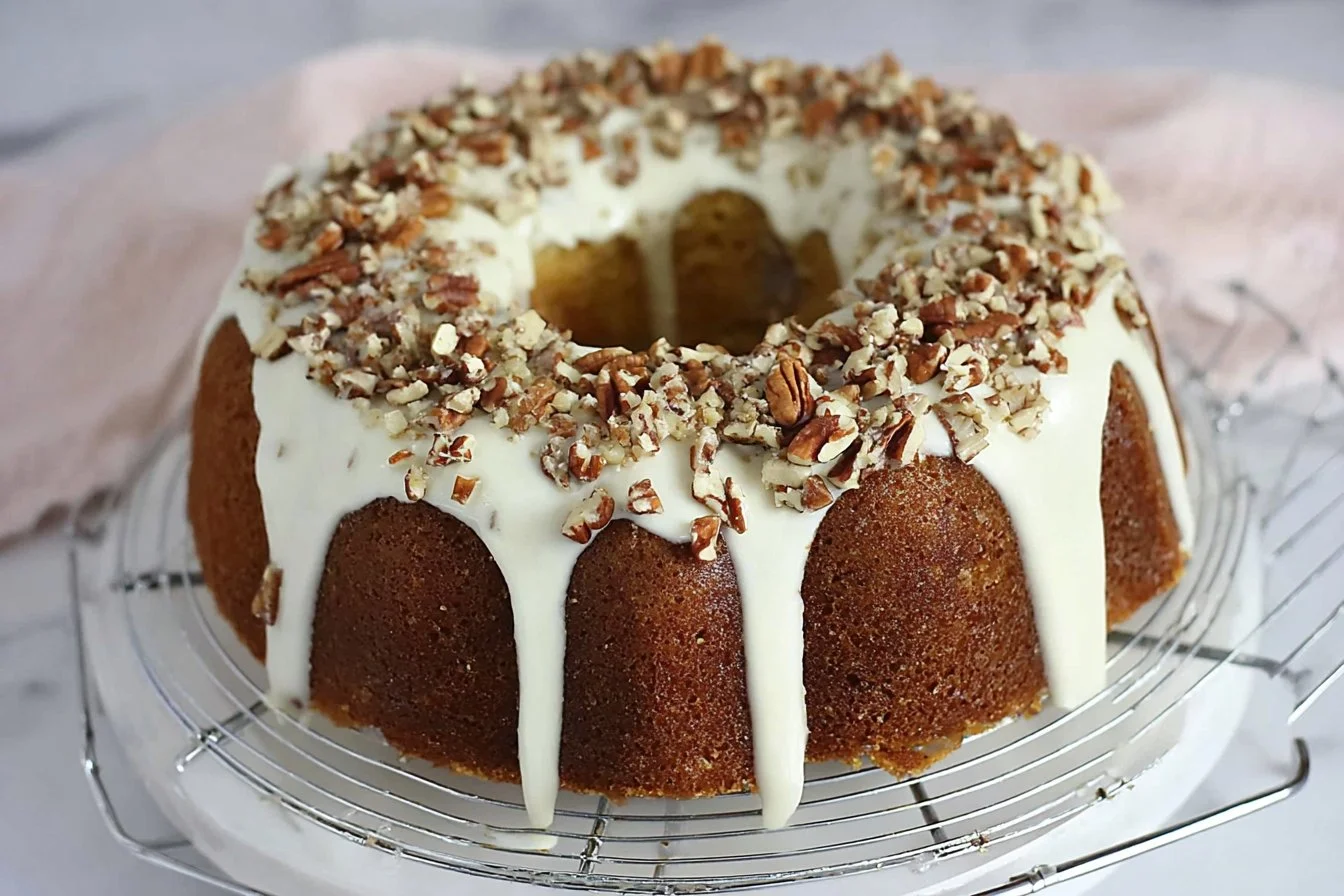 Homemade Butter Pecan Pound Cake topped with toasted pecans