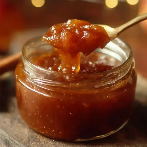 Homemade caramel apple jam in a jar with apples and caramel drizzled on top.
