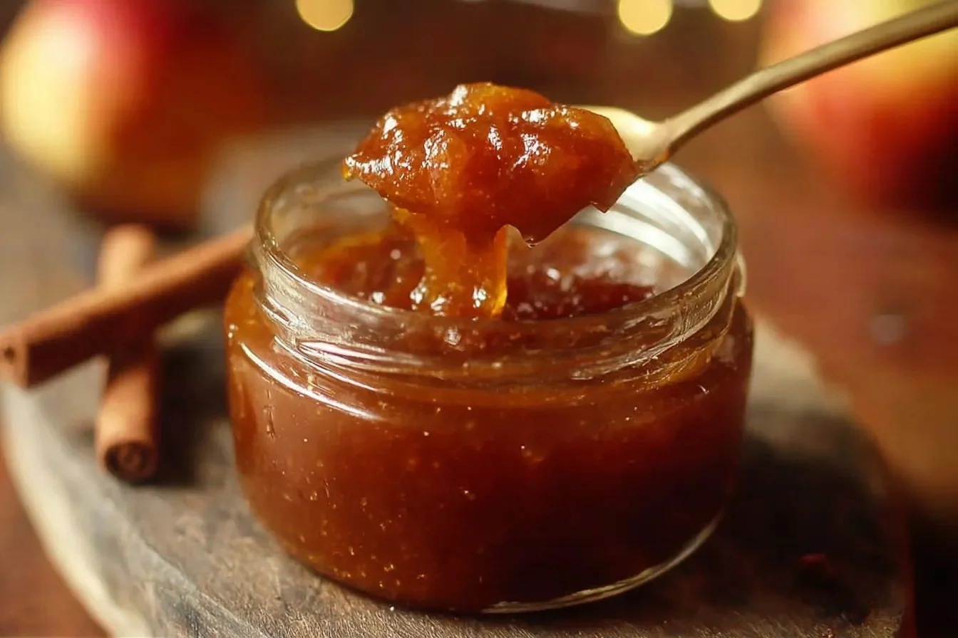 Homemade caramel apple jam in a jar with apples and caramel drizzled on top.