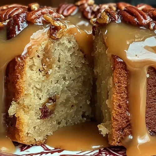 Caramel Brown Sugar Pound Cake with Caramelized Candied Pecans on a plate