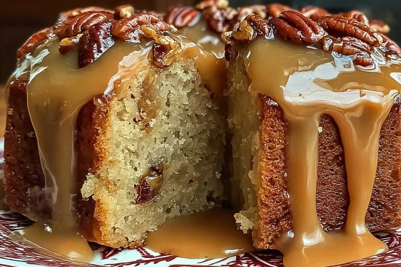 Caramel Brown Sugar Pound Cake with Caramelized Candied Pecans on a plate