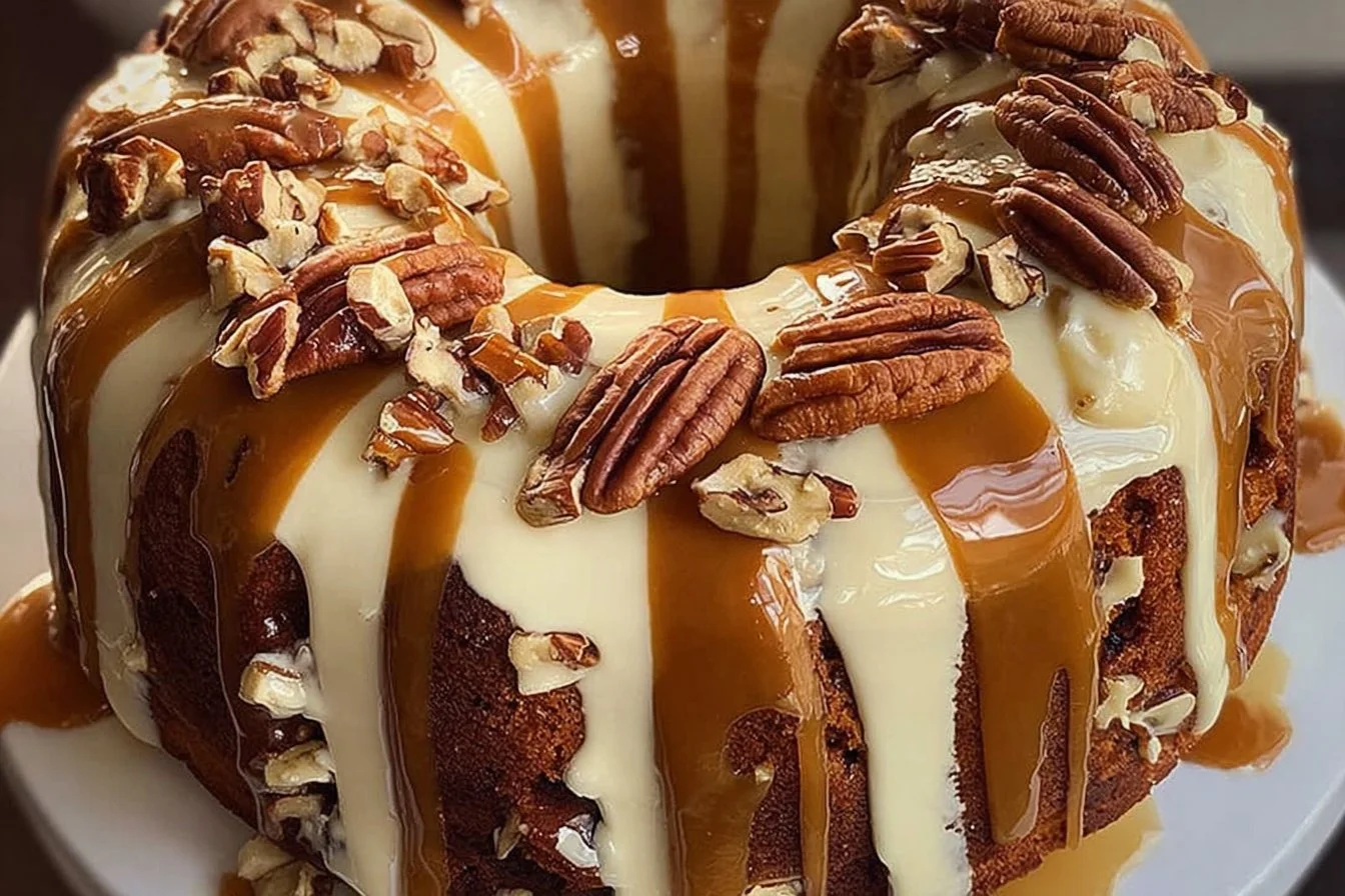 Delicious cinnamon roll cream cheese caramel pecan pound cake on a plate