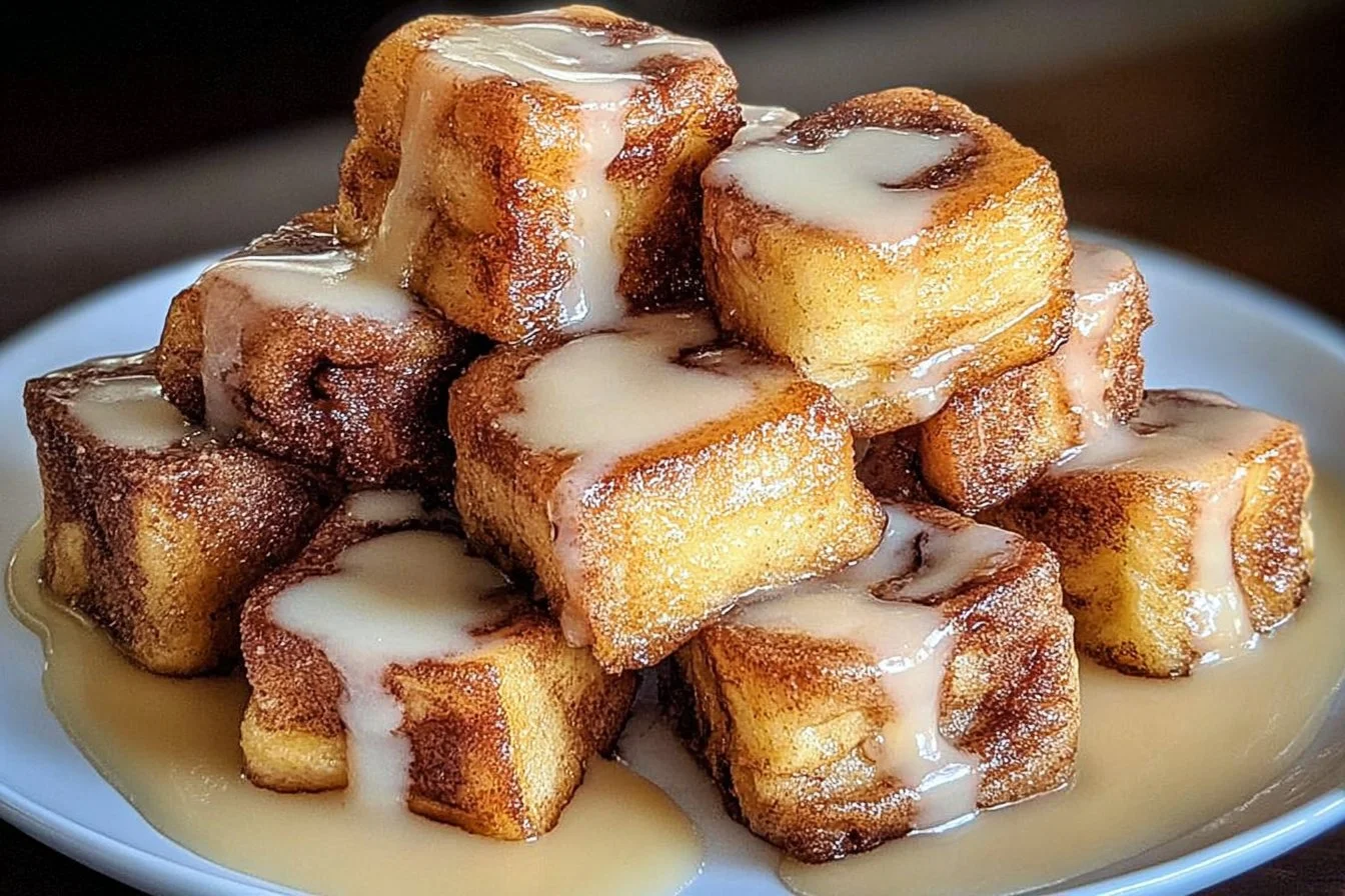 Delicious Cinnamon Roll French Toast Bites served on a white plate.