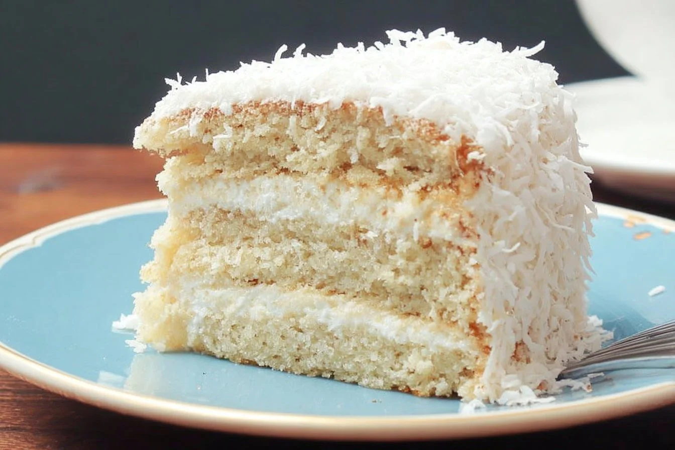Delicious homemade Coconut Cake topped with fresh coconut flakes