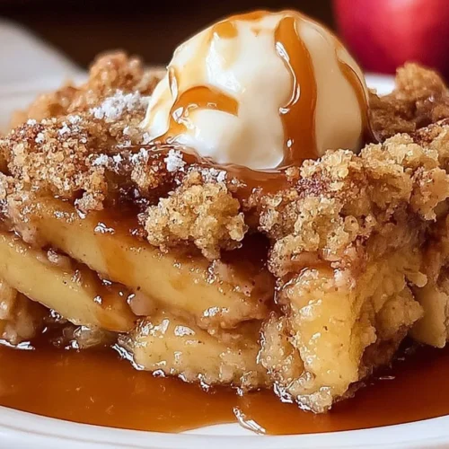 Delicious easy caramel apple dump cake topped with caramel sauce