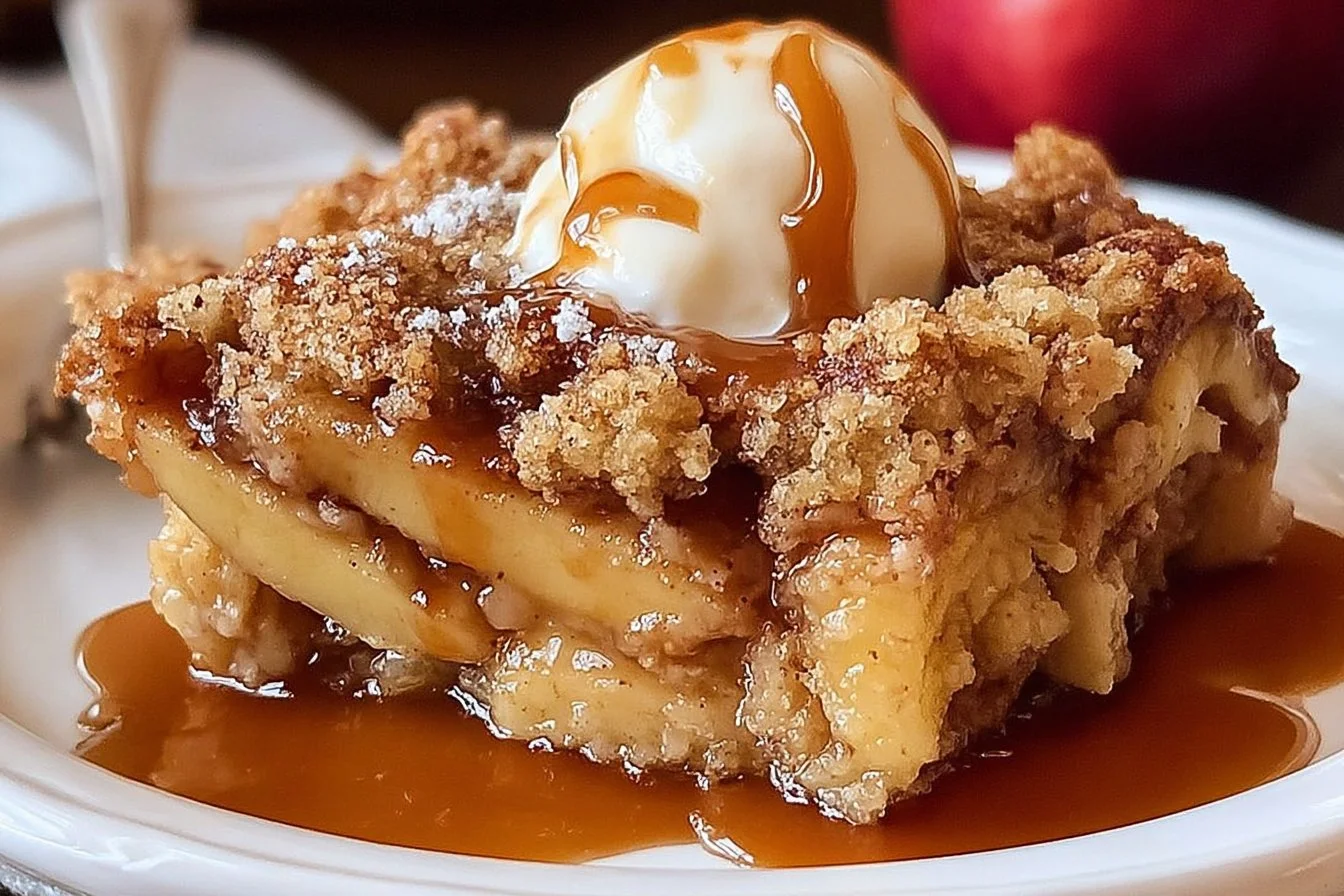 Delicious easy caramel apple dump cake topped with caramel sauce